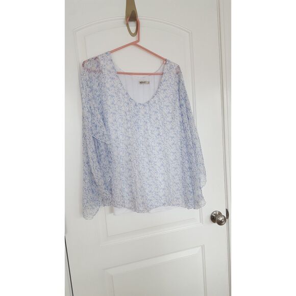 MARINA GIGLI Cream Blue Floral Print Silk Lace Short Sleeve Top‎ Size Large - Picture 1 of 8